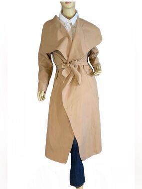 PARISIAN CAMEL COLOR FAUX WOOL WATERFALL SHAWL OPEN-FRONT TRENCH JACKET (M)